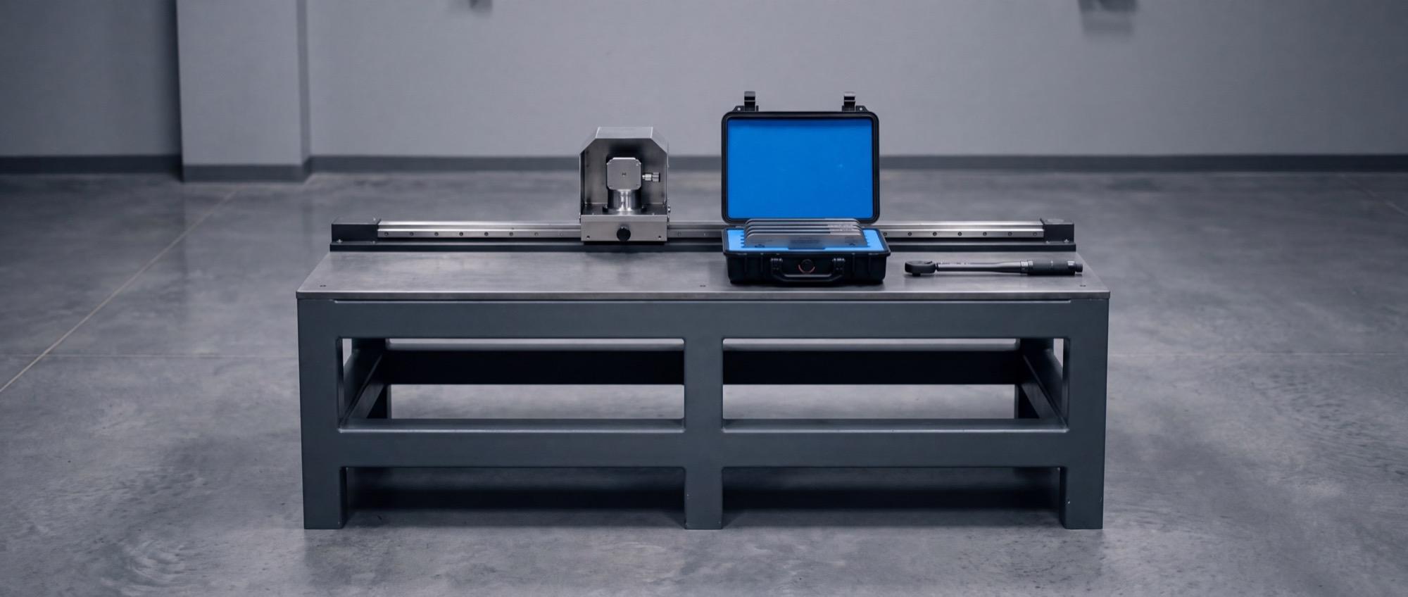 Illustrative: a calibration bench in a clean metrology room, a shielded head on a linear rail and certified thickness standards