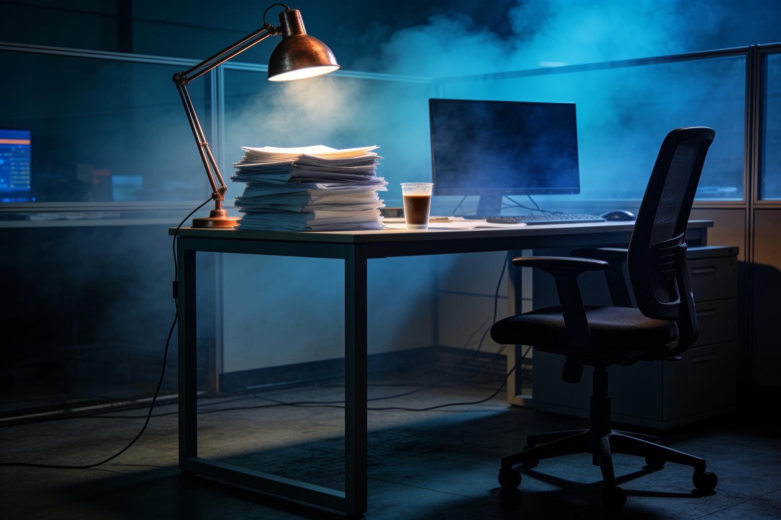 Illustrative: an office workstation with documents flowing into a screen of structured data