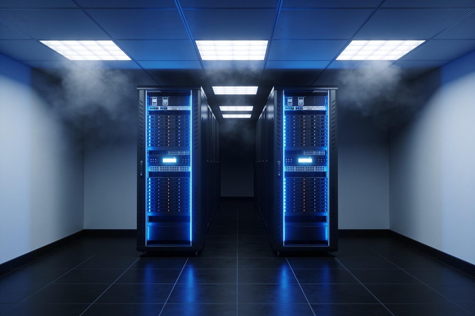 Illustrative: a quiet server room with blue status lights