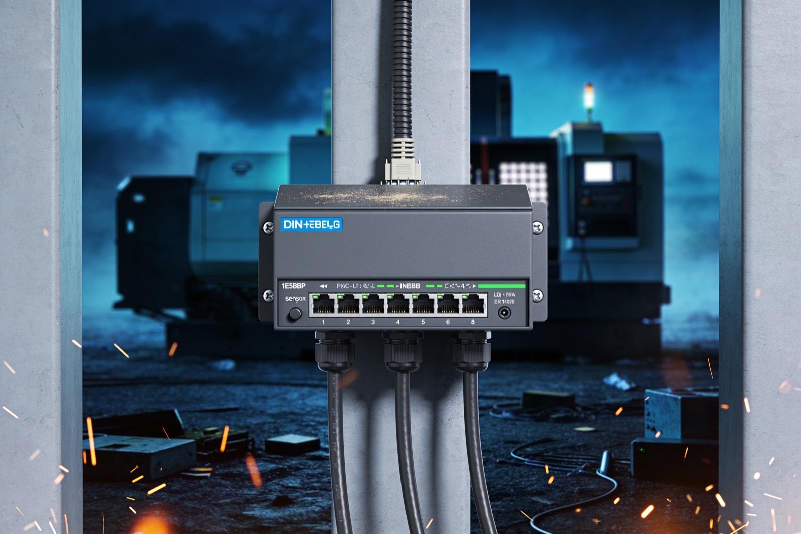 Illustrative: an edge gateway on a DIN rail with sensor cables