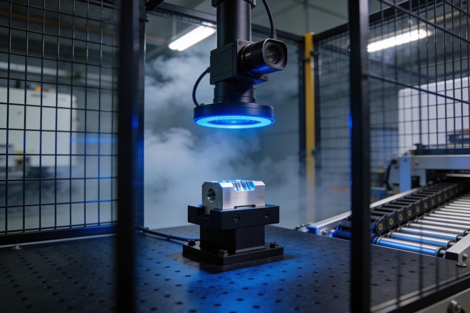 Illustrative: a machine vision inspection cell with a camera, ring light, and parts on a conveyor