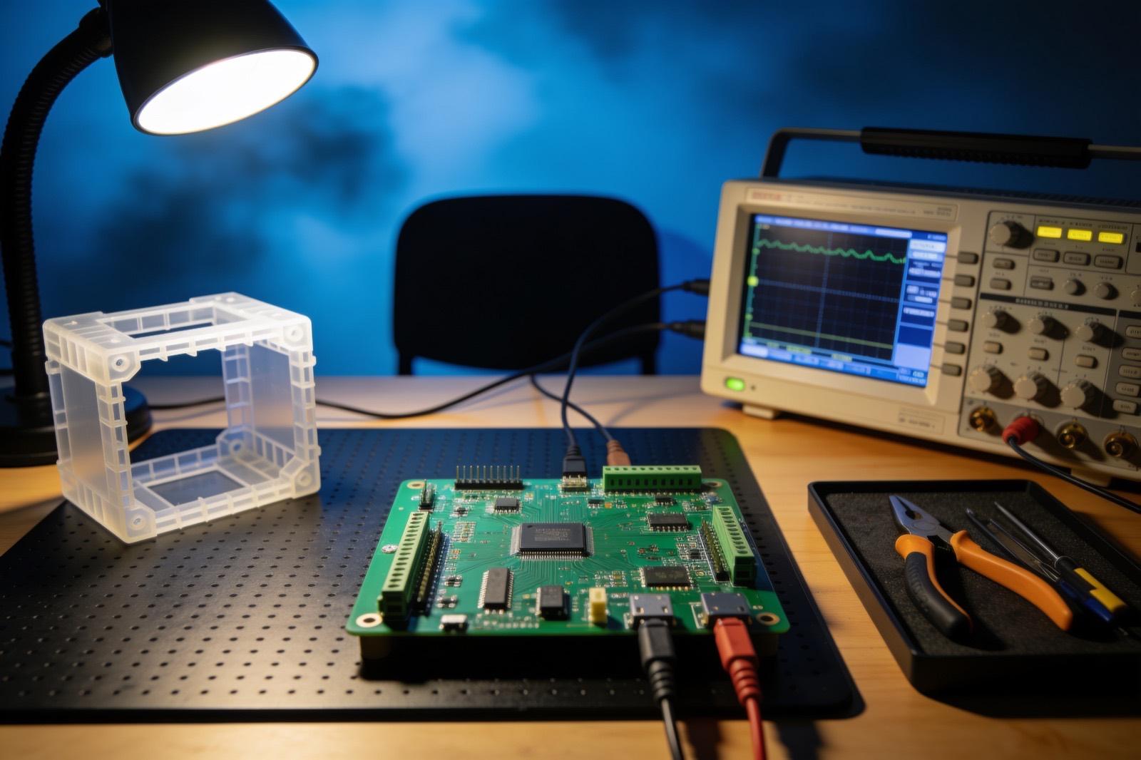 Illustrative: an electronics bench with a prototype board, oscilloscope, and 3D-printed enclosure