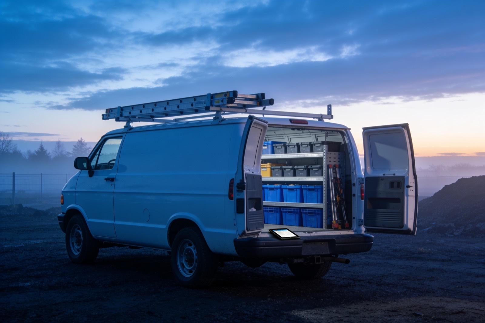 Illustrative: a service van and a technician's tablet at a job site