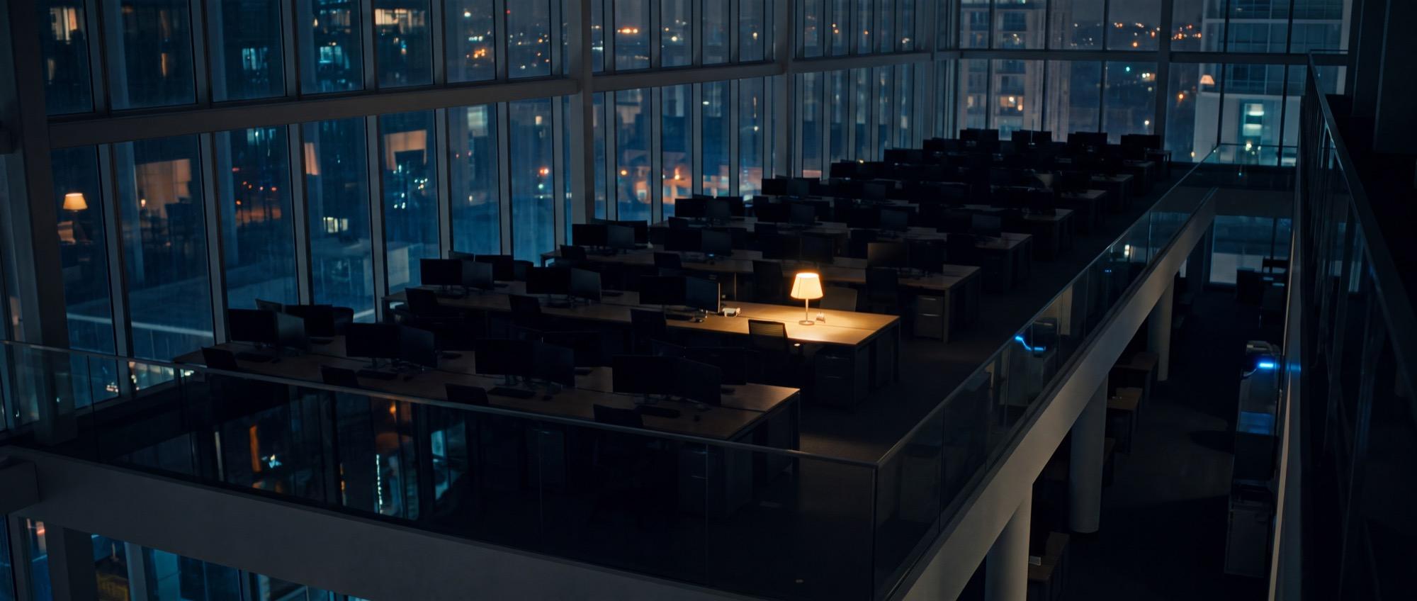 Illustrative: a dark operations floor from above, rows of empty desks, one lamp lit, city glow through glass